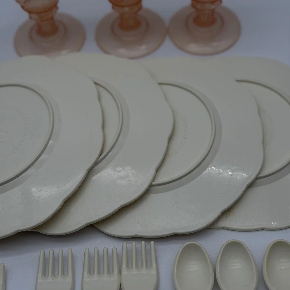 Vintage Little Tikes Toy Dish Set Plates Goblets Utensils Cream Blue Pink 17pc
